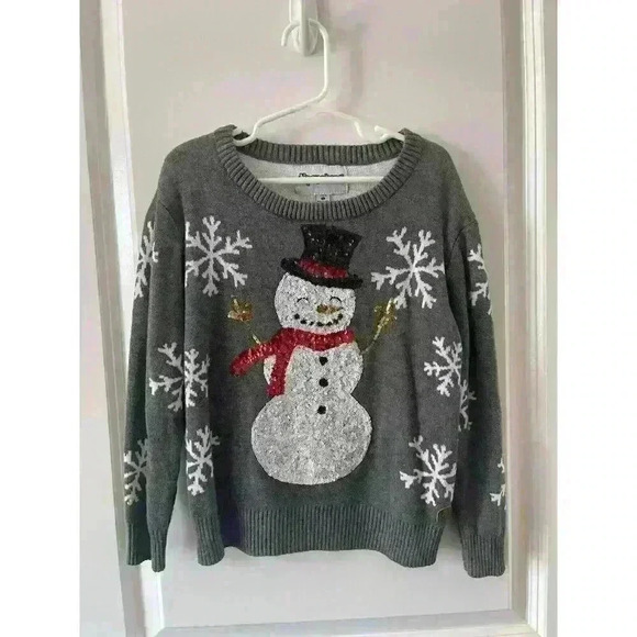 Tipsy Elves Size YOUTH Small Sequined Snowman Christmas Sweater Gray - Picture 1 of 5